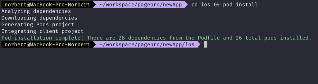 cd ios && pod install command result