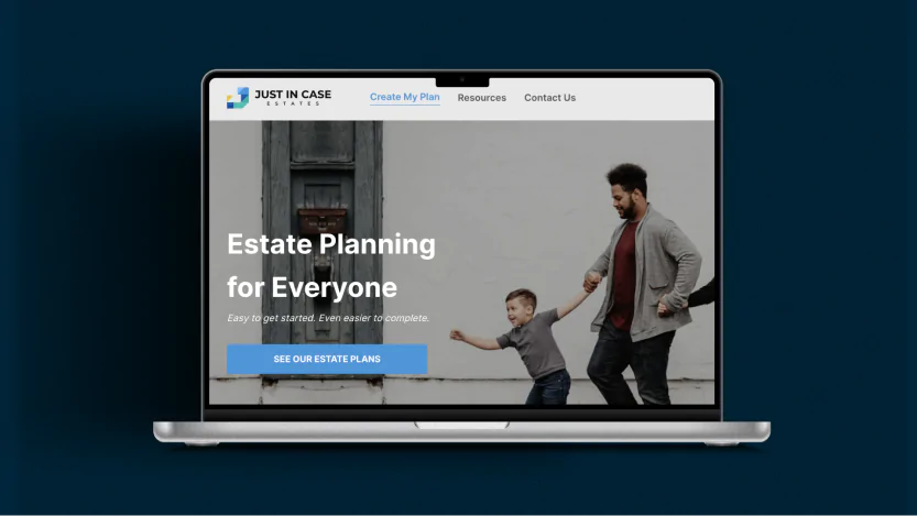 A laptop displays a website for Just In Case Estates, featuring a man and boy holding hands outdoors, with text promoting estate planning for everyone and a blue button labelled See Our Estate Plans—highlighting real product-market fit.