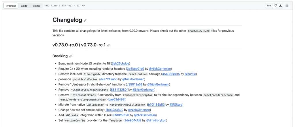 Example of the latest Package Changelog in React Native Version Update