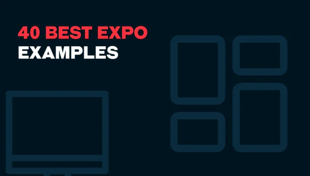Dark background graphic with bold text stating 40 BEST EXPO EXAMPLES; "expo examples" in red, "EXAMPLES" in white. Simple blue outlined icons of screens appear on the right side.