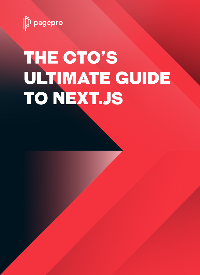 Cover image with a bold red and black geometric arrow design. White text reads “The CTO’s Ultimate Guide to Next.js: What is Next.js?” The pagepro logo appears in the top left corner.
