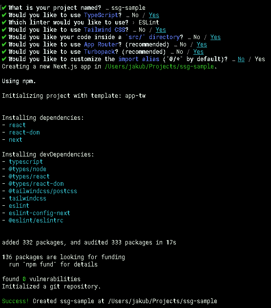 A terminal window displays the setup of a new Next.js project using npm. Prompts appear for TypeScript, ESLint, Tailwind CSS, Turbo, and Next.js static site generation features before dependencies install and the process completes successfully.