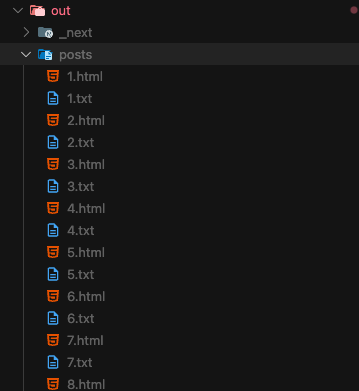 A file explorer window displays a folder named out, showing subfolders _next and posts. The posts folder contains numbered HTML and TXT files from 1 to 8, representing content generated by Next.js static site generation.