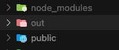 A file explorer shows three folders—node_modules (green), out (red for Next.js static site generation), and public (blue)—each with a distinct icon and colour on a dark background.