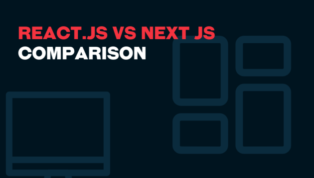 Dark graphic with bold text reading Next.js vs React Comparison on the left, featuring a computer monitor icon and four rectangular shapes on the right.
