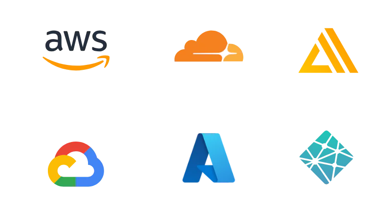 Logos of popular hosting providers: AWS, Cloudflare, Amplify, Google Cloud, Azure, and Netlify.