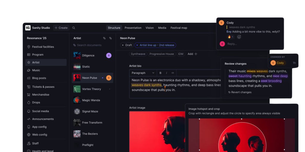 A dark-themed interface of Sanity Studio being used for a music festival project. The left sidebar lists schema types like “Artist,” “Program,” and “Blog posts.” The main panel displays rich text editing with collaborative comments, change tracking, and an image cropping tool showing an artist’s photo.