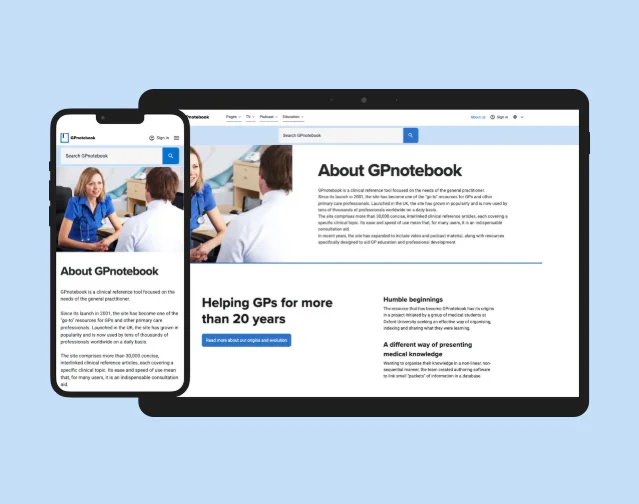 A smartphone and a tablet display the About GPnotebook webpage, featuring details like sanity vs wordpress in its history, its purpose for GPs, and a photo of healthcare professionals talking—all against a light blue background.