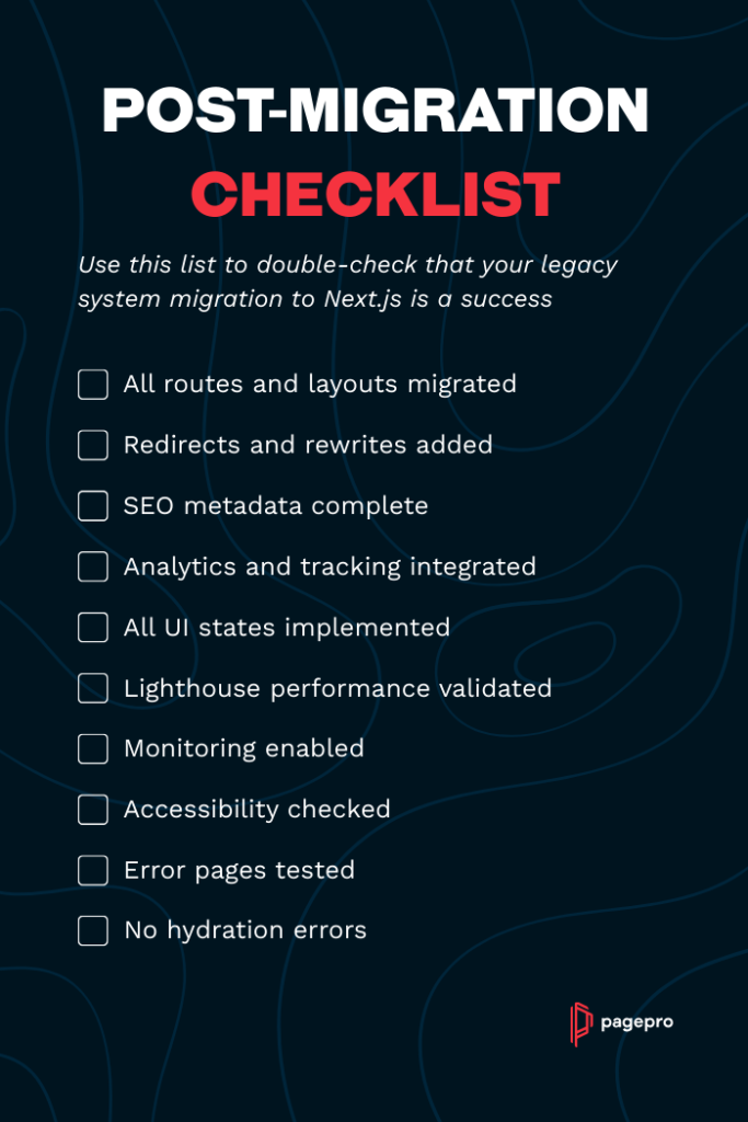 A dark checklist titled Post-Migration Checklist for validating a migration to Next.js, listing items such as routes, redirects, SEO data, analytics, UI states, performance, and accessibility. Pagepro logo at the bottom.