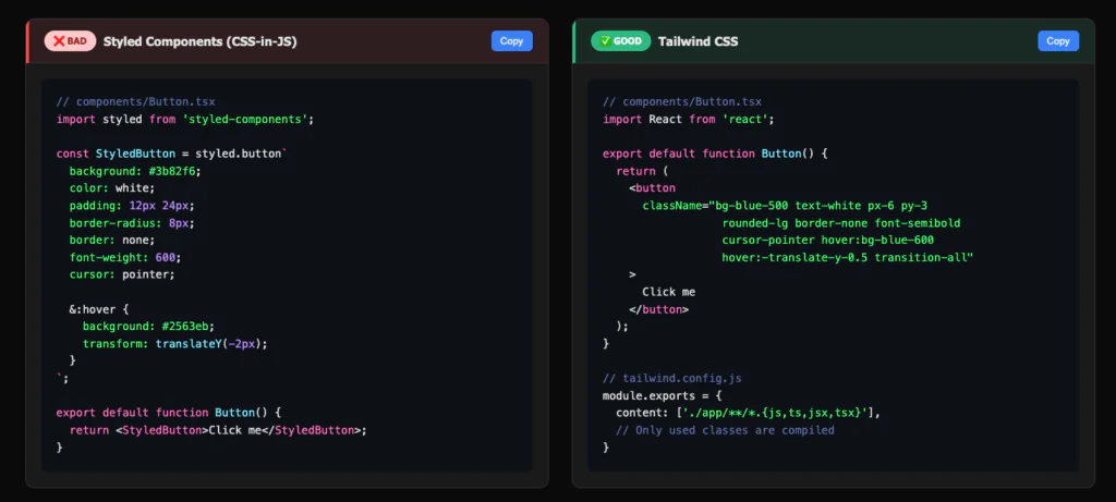 Side-by-side comparison of Styled Components code (left, marked with BAD) and Tailwind CSS code (right, marked with GOOD) for styling a button component, showing code differences and configuration.