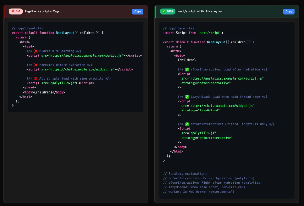 A split-screen comparison of two code blocks: on the left, regular script tags for embedding JavaScript; on the right, Next.js code using strategies to optimise script loading, with highlighted differences and comments.