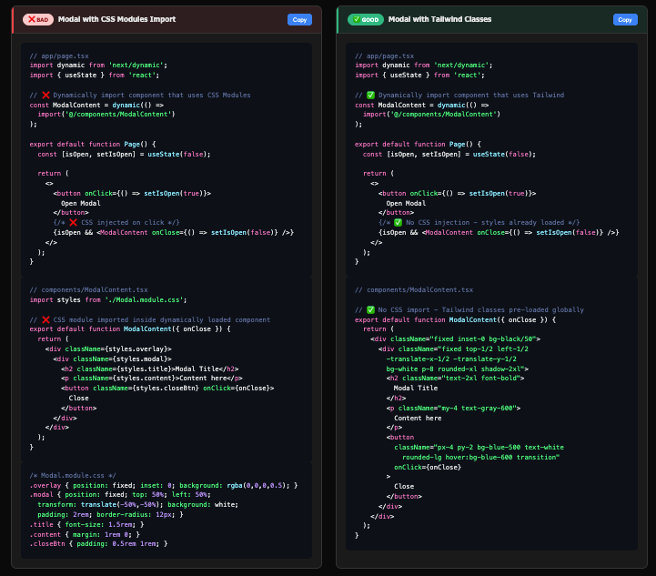A side-by-side code comparison: on the left, a React modal using CSS Modules with a red X label; on the right, a modal using Tailwind CSS classes with a green Good label. Both contain highlighted code differences.
