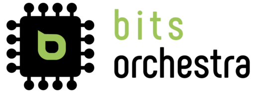 Logo for bits orchestra featuring a black microchip icon with a green stylised b in the centre, reflecting innovation in headless cms agencies, and the words bits orchestra in black and green text to the right.