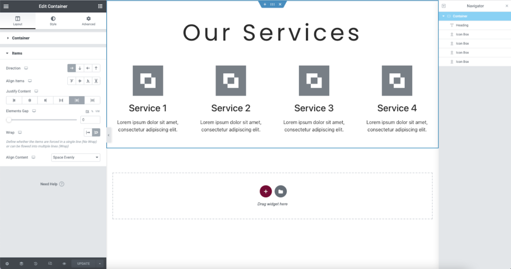 A website editing interface displaying a section titled Our Services with four service boxes labelled Service 1, Service 2, Service 3, and Service 4, each with an icon and placeholder text below.