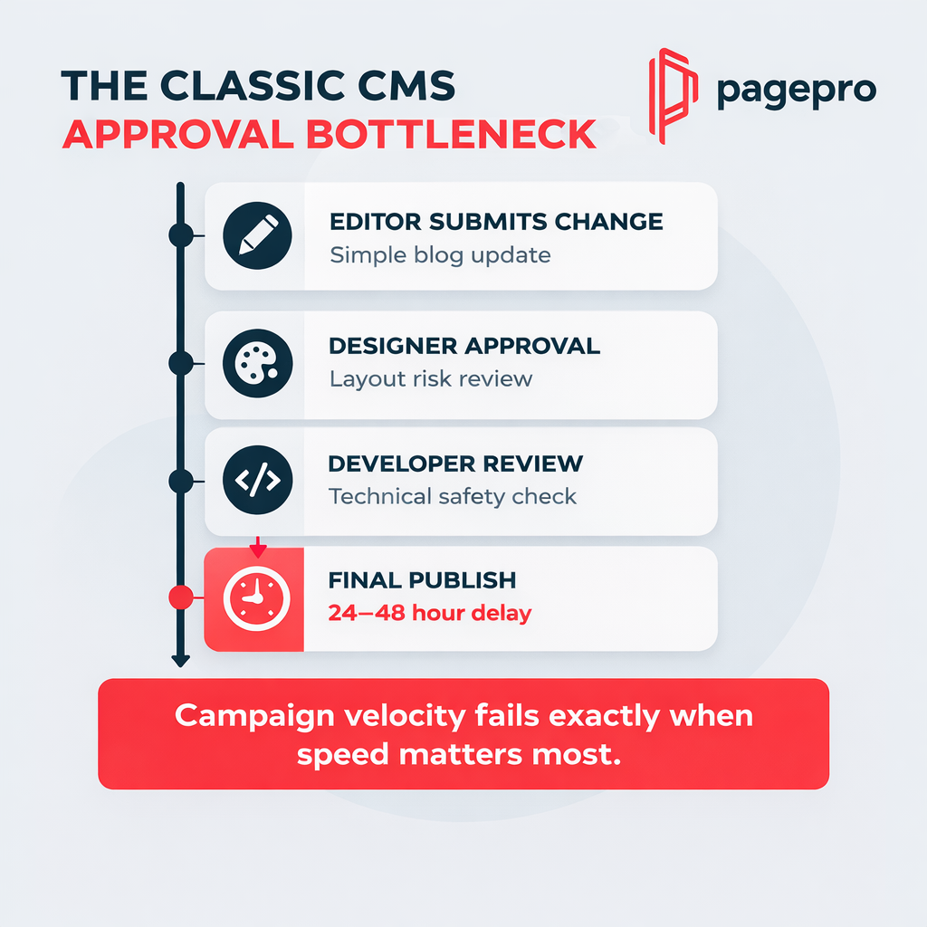 Infographic titled The Classic CMS Approval Bottleneck shows 4 approval steps: editor, designer, developer, and final publish (24–48 hour delay). A red box says, Campaign velocity fails exactly when speed matters most.