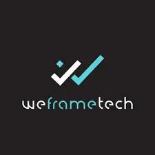 Logo for weframetech on a black background. The logo features two overlapping tick marks, one dotted and one solid, above the company name in white and light blue lowercase letters.