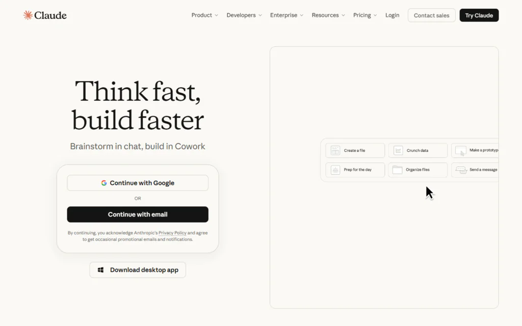 Claude log-in page featuring options to continue with Google or email, a desktop app download link, and a Next.js website interface preview showcasing task buttons to create files, crunch data, and organise information.