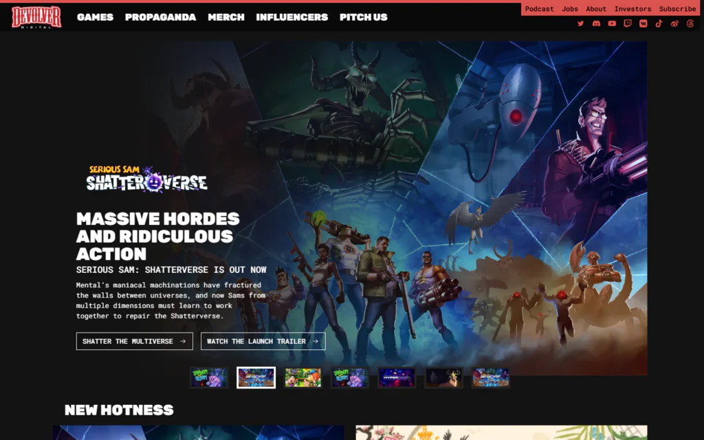 Devolver Digital website banner for Serious Sam: Shatterverse, a game built with Next.js, featuring characters against a backdrop of monsters and sci-fi weaponry, with buttons to play the trailer or visit the game page.