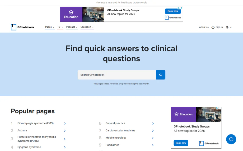 GPnotebook homepage built with Next.js, featuring a search bar for clinical queries and a list of popular medical topics.