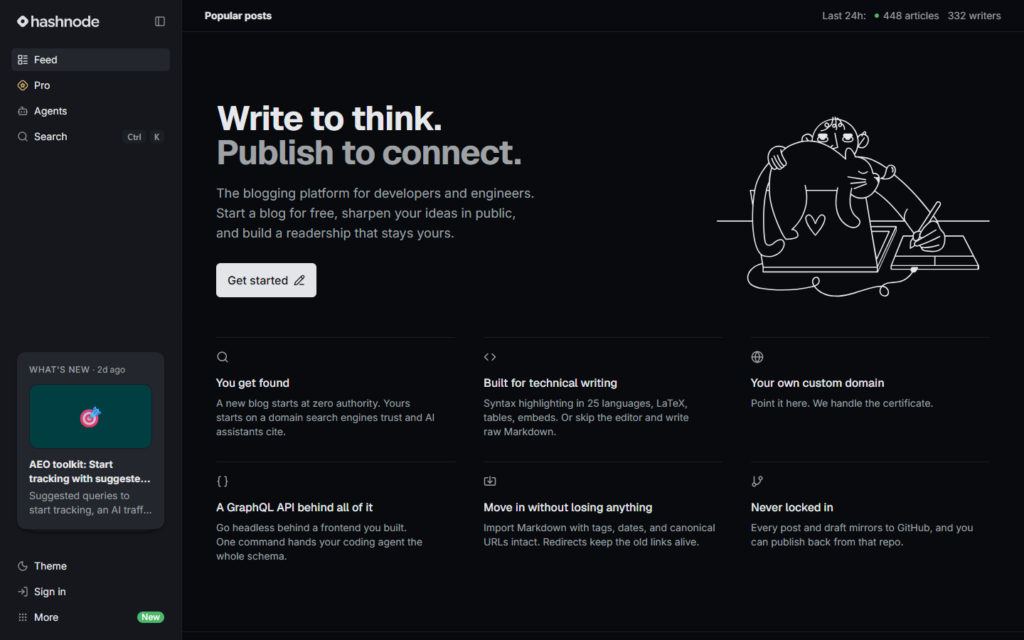 Hashnode homepage displaying features for developers, including a Get started button, platform benefits, and a sidebar navigation menu for building Next.js websites.