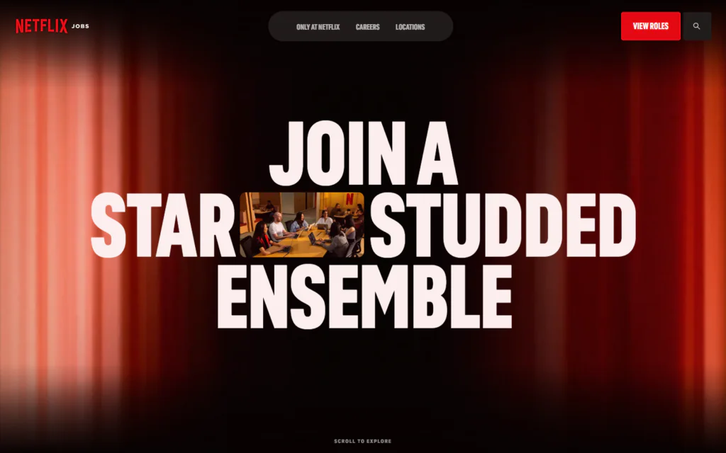 Netflix Jobs homepage with the text Join a star-studded ensemble overlaying a blurred red background and a small photo of a team meeting, representative of the high-performance Next.js websites built by the company.