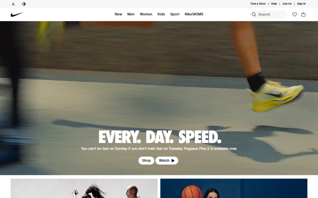Close-up of runner’s legs in motion wearing neon yellow Nike Pegasus Plus 2 trainers, featured on Next.js websites. Text reads: EVERY. DAY. SPEED. You can’t be fast on Sunday if you don’t train fast on Tuesday. Pegasus Plus 2 available now.