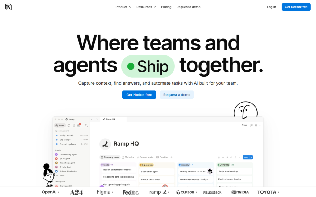 Notion website homepage showing a task management interface for Ramp HQ alongside the headline Where teams and agents ship together and a row of partner logos, reflecting the design patterns of modern Next.js websites.