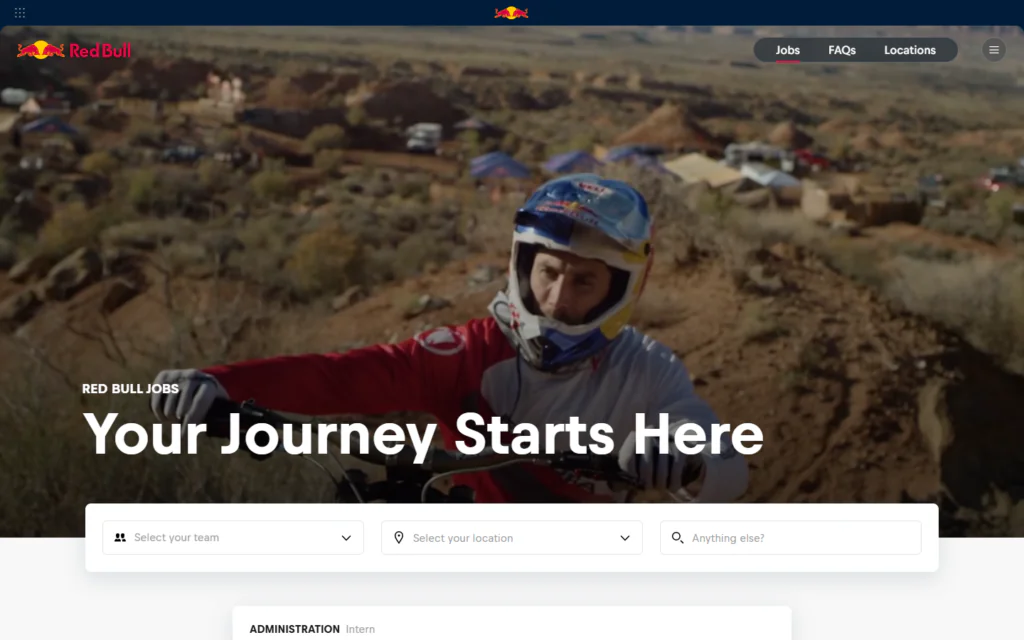 Red Bull careers website landing page featuring a dirt biker in the background and search bars for teams, locations, and keywords on this Next.js website.