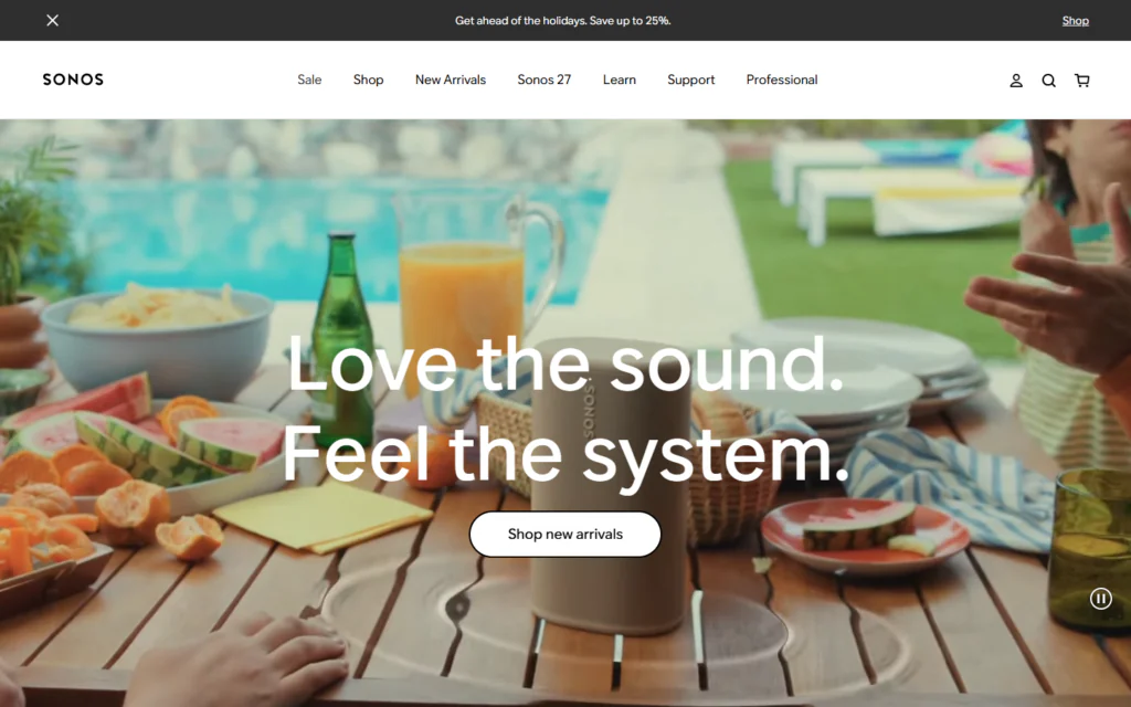 Sonos website homepage featuring a speaker on an outdoor dining table, with text that reads, Love the sound. Feel the system. and a Shop new arrivals button, optimised for Next.js websites.