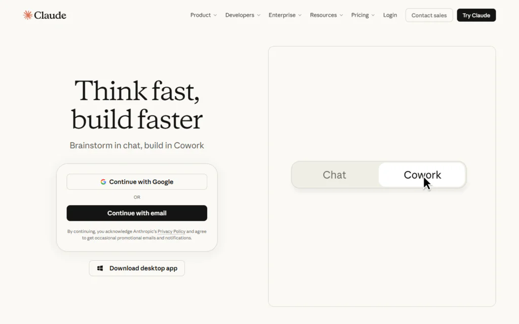 Claude landing page with Think fast, build faster text, a sign-in box for email or Google, and a cursor selecting the Cowork tab, a feature often explored by those asking what is next.js for modern web development.