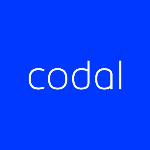 The image features the word codal in lowercase, white, rounded font centred on a solid bright blue background.