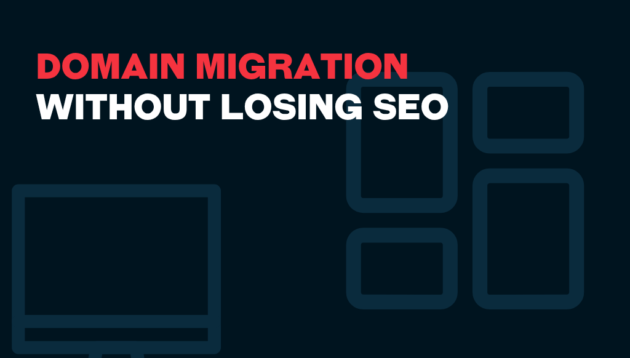 Text reads: DOMAIN MIGRATION WITHOUT LOSING SEO in bold, with a simple outline of a computer monitor and several rectangles in the background. The design uses dark and red tones.