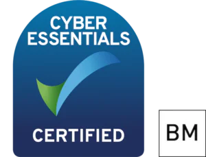 Cyber Essentials Certified badge with a green and blue tick on a blue background, and black letters BM in a white square at the bottom right corner.