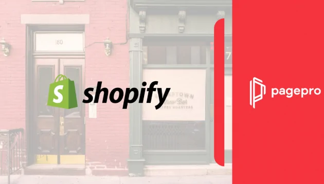 Shopify and Pagepro logos on a split background; the left displays a vibrant street with custom Shopify shopfronts, while the right features a solid red colour with the Pagepro logo and name.