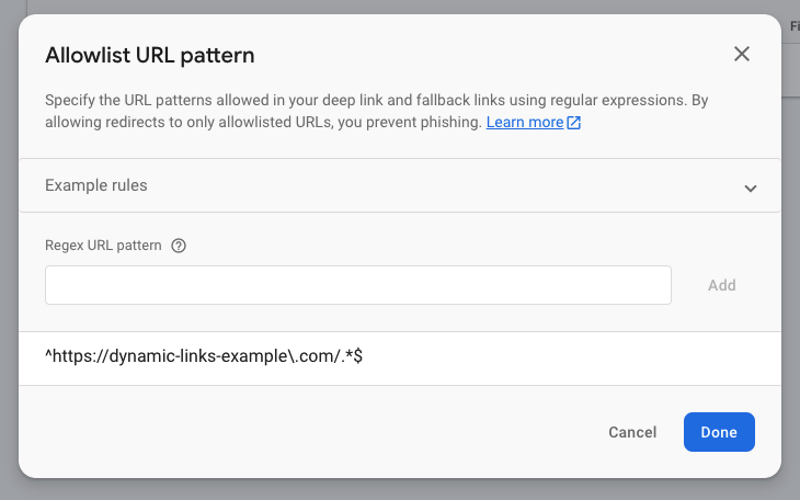 Allowlist URL pattern screenshot