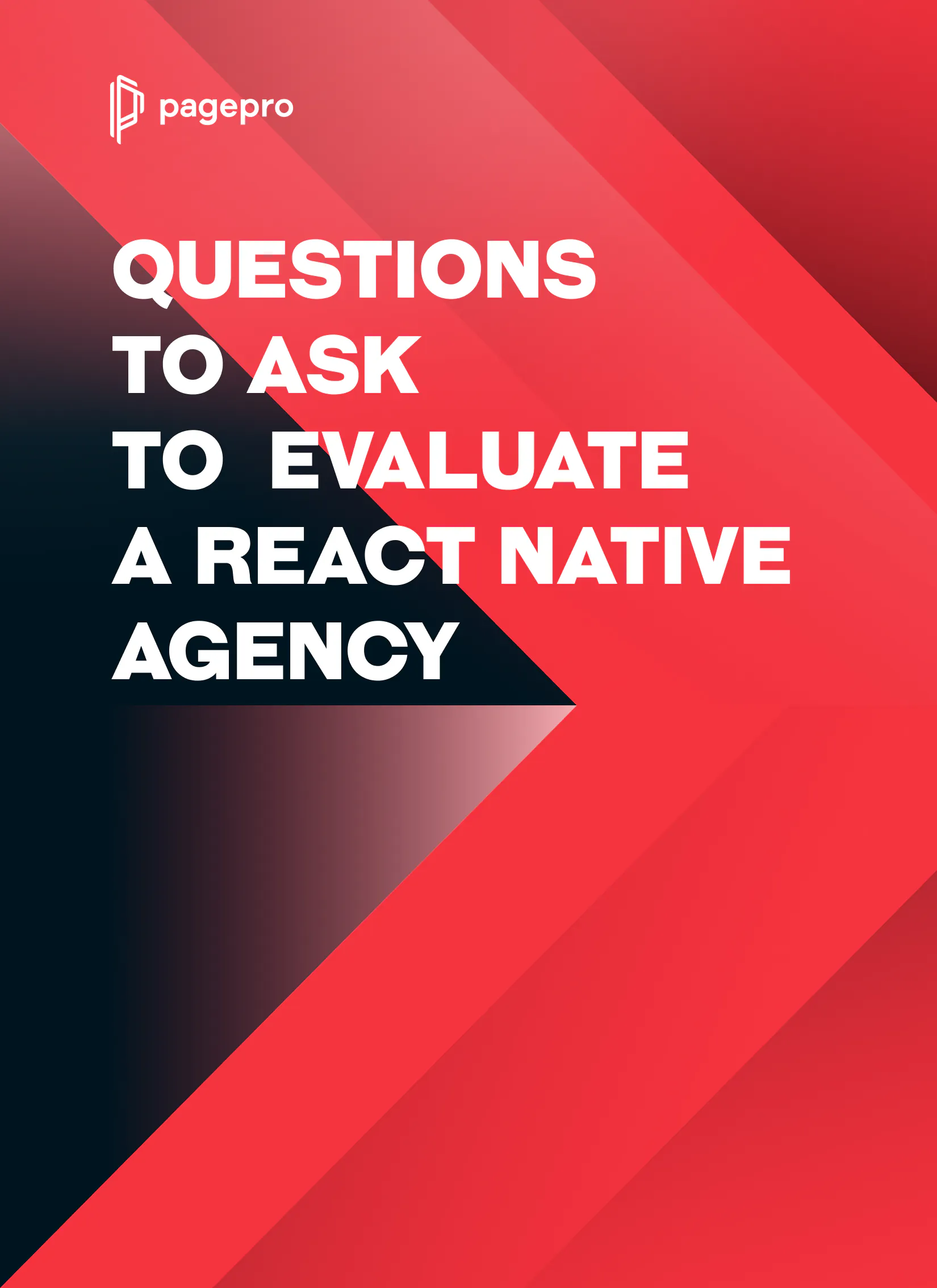 Graphic with bold white text reading Questions to Ask to Evaluate a React Native Agency over a red, black, and maroon geometric background. The pagepro logo appears in the top left, helping you learn How to Choose a React Native Development Agency.