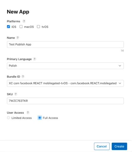 fill the details about the application in apple connect