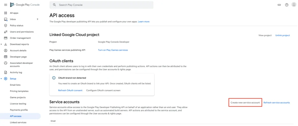 getting access to api from google play console step 1