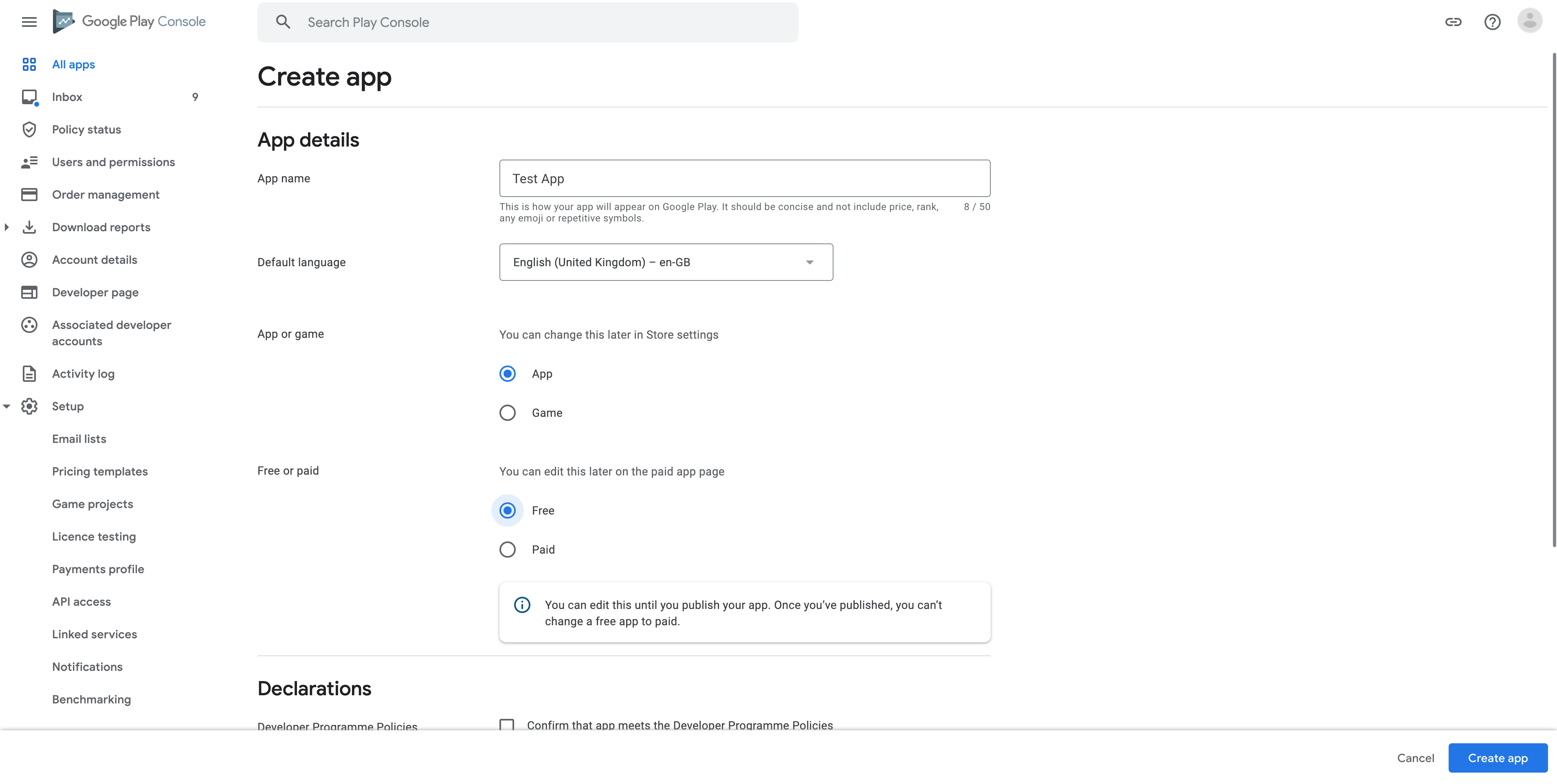 creating a new application in google play console step 2