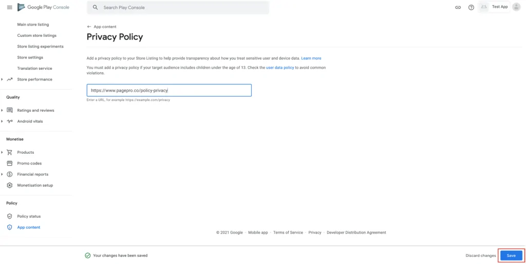 passing url to privacy policy step 2