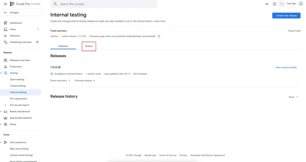 adding testers in google play console step 1
