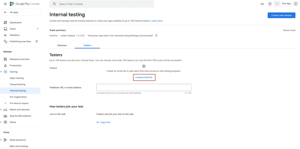 adding testers in google play console step 2