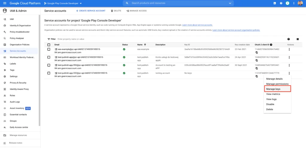 getting access to api from google play console step 4