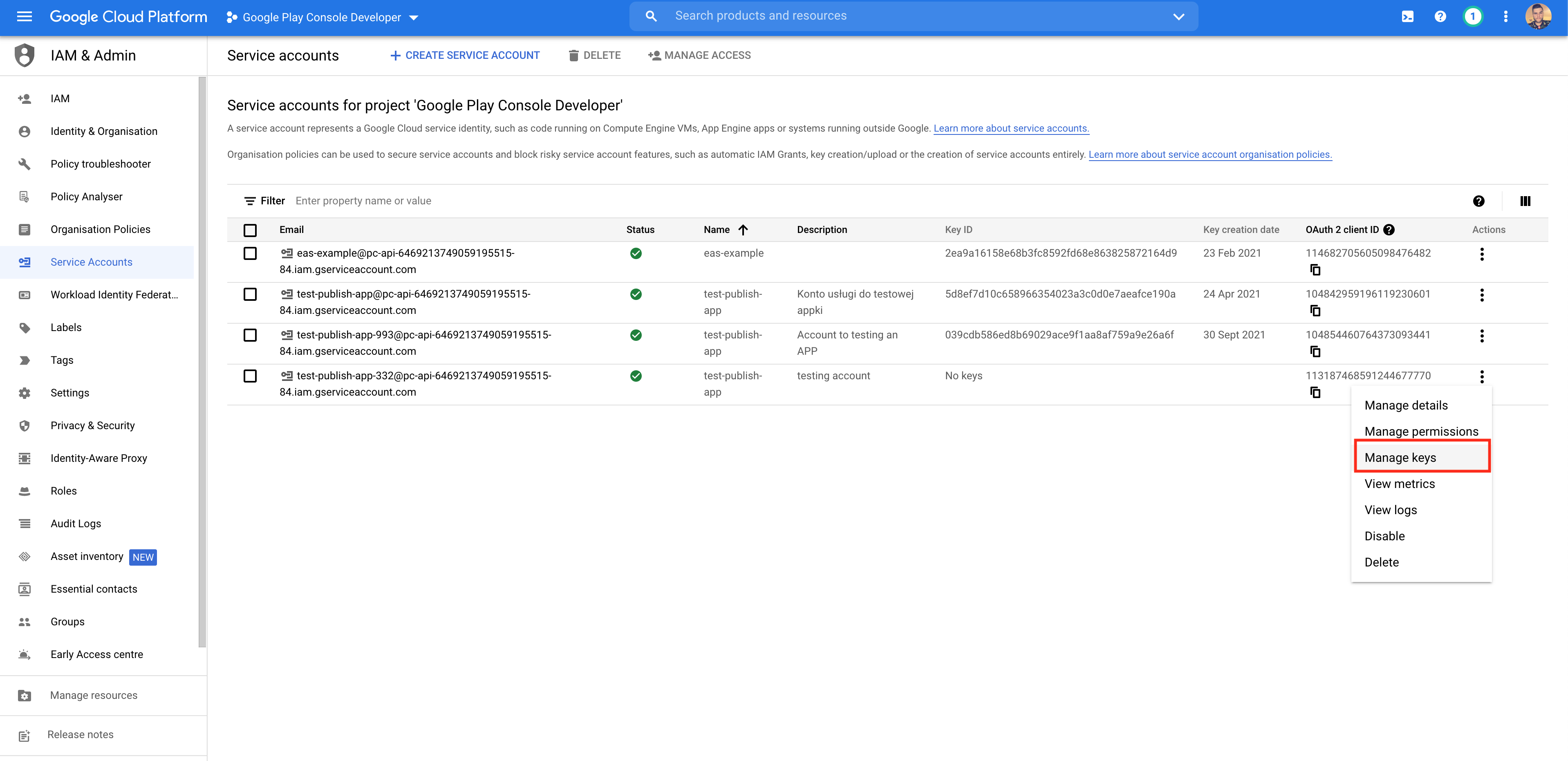 getting access to api from google play console step 4