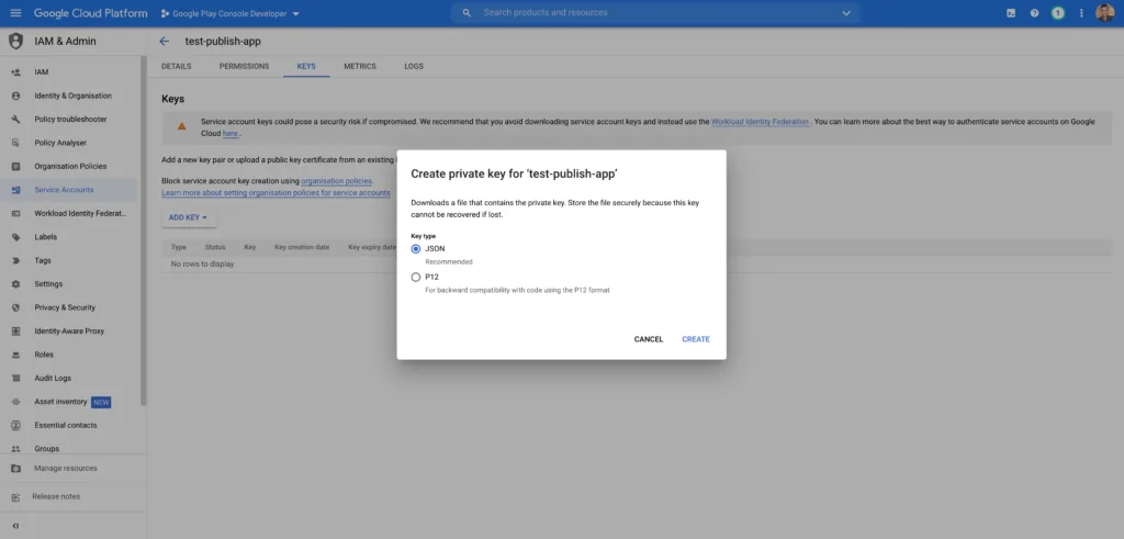 getting access to api from google play console step 5