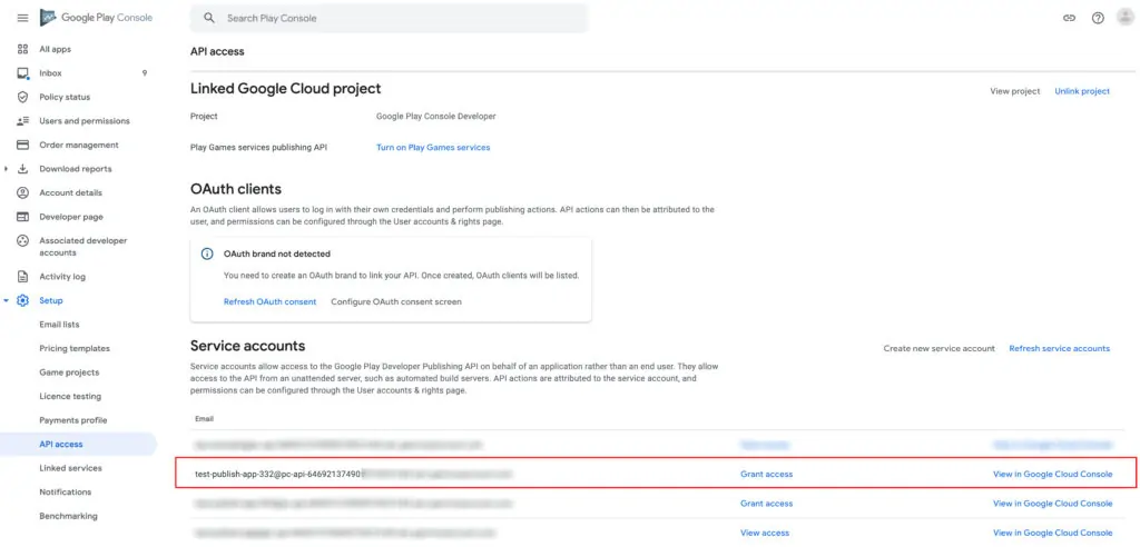 getting access to api from google play console step 6
