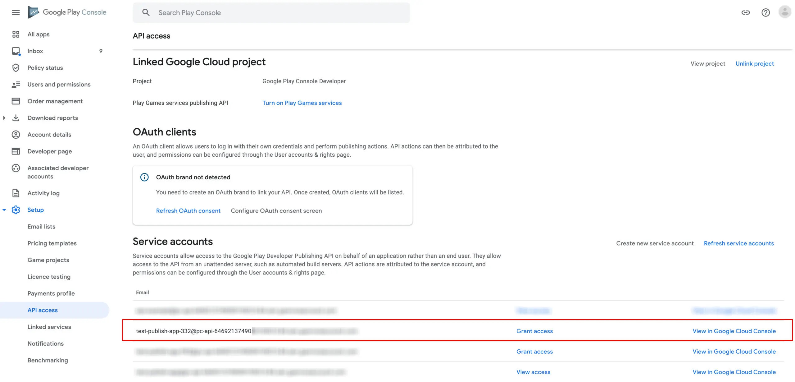 getting access to api from google play console step 6