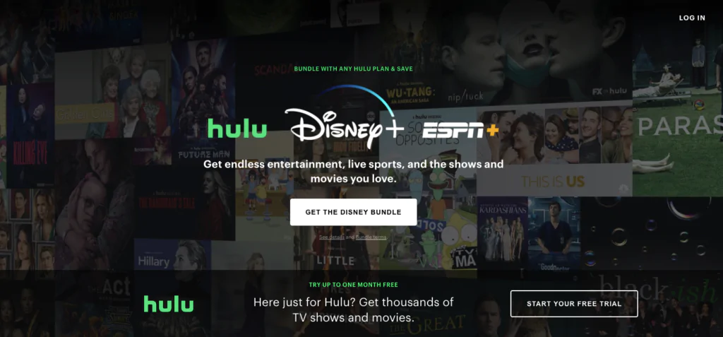 The image shows the homepage of Hulu with a strong marketing focus on the Disney Bundle (which includes Hulu, Disney+, and ESPN+). The background is a dark overlay featuring a mosaic of popular TV shows and movie thumbnails, creating a visually rich entertainment collage.