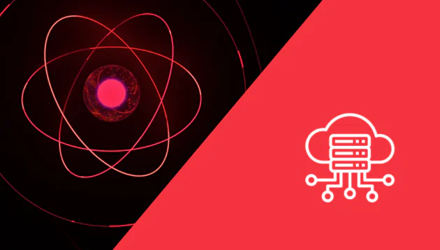 A split image: the left side shows a glowing atomic model with red orbits on a dark background; the right side features a white cloud computing icon on a red background, symbolising the power of Jamstack hosting.