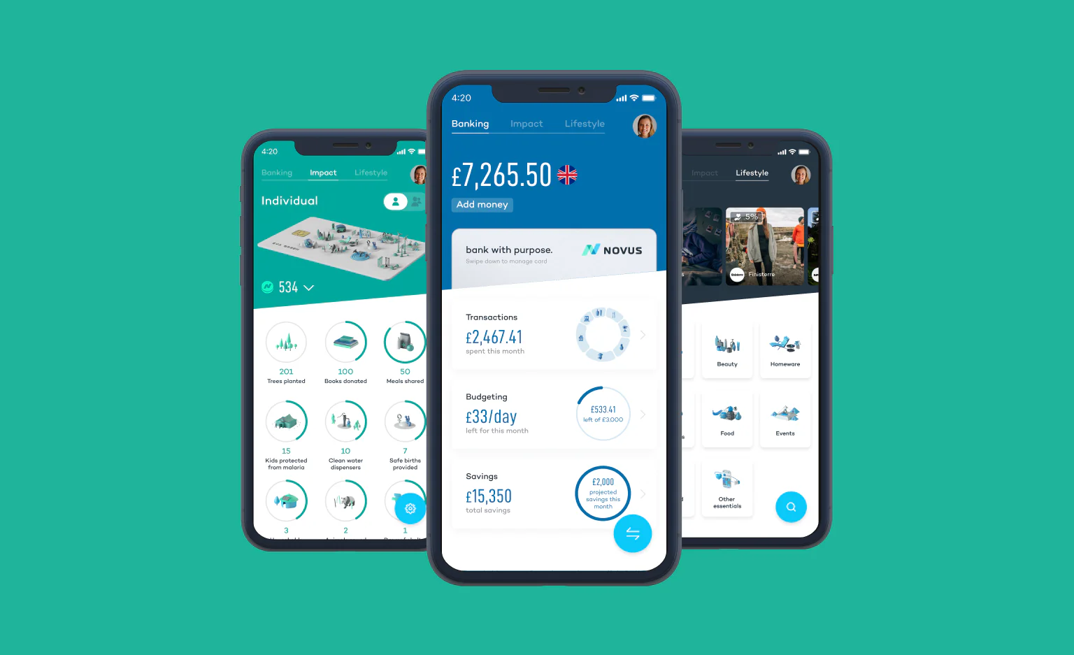 Three smartphones display a banking app interface with sections for account balance, transactions, budgeting, savings, and impact stats—perfect for businesses looking to scale your team with Team Augmentation. The scene is set against a teal background.